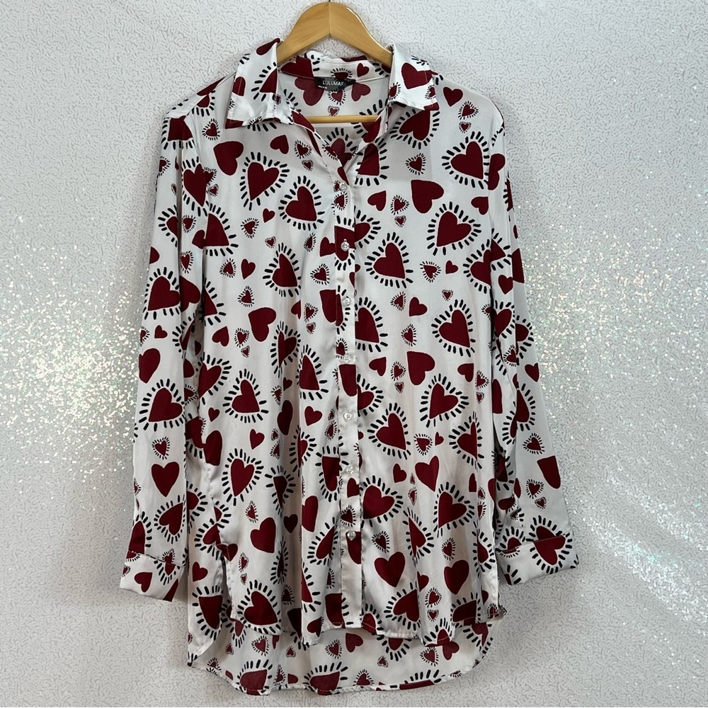 Lulumari Silky Button up Blouse with red hearts /graphic Valentines